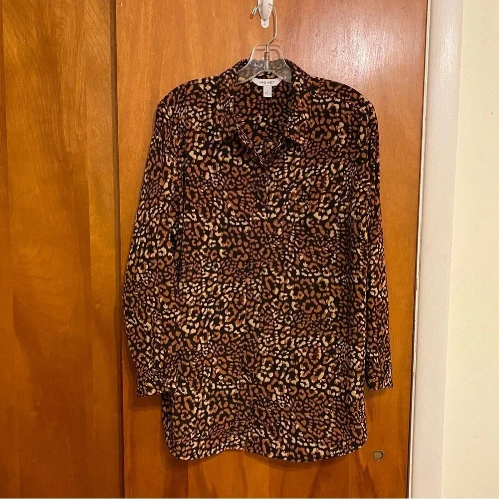 Nine West Women Animal Print Button Down Blousy Shirt, Size L